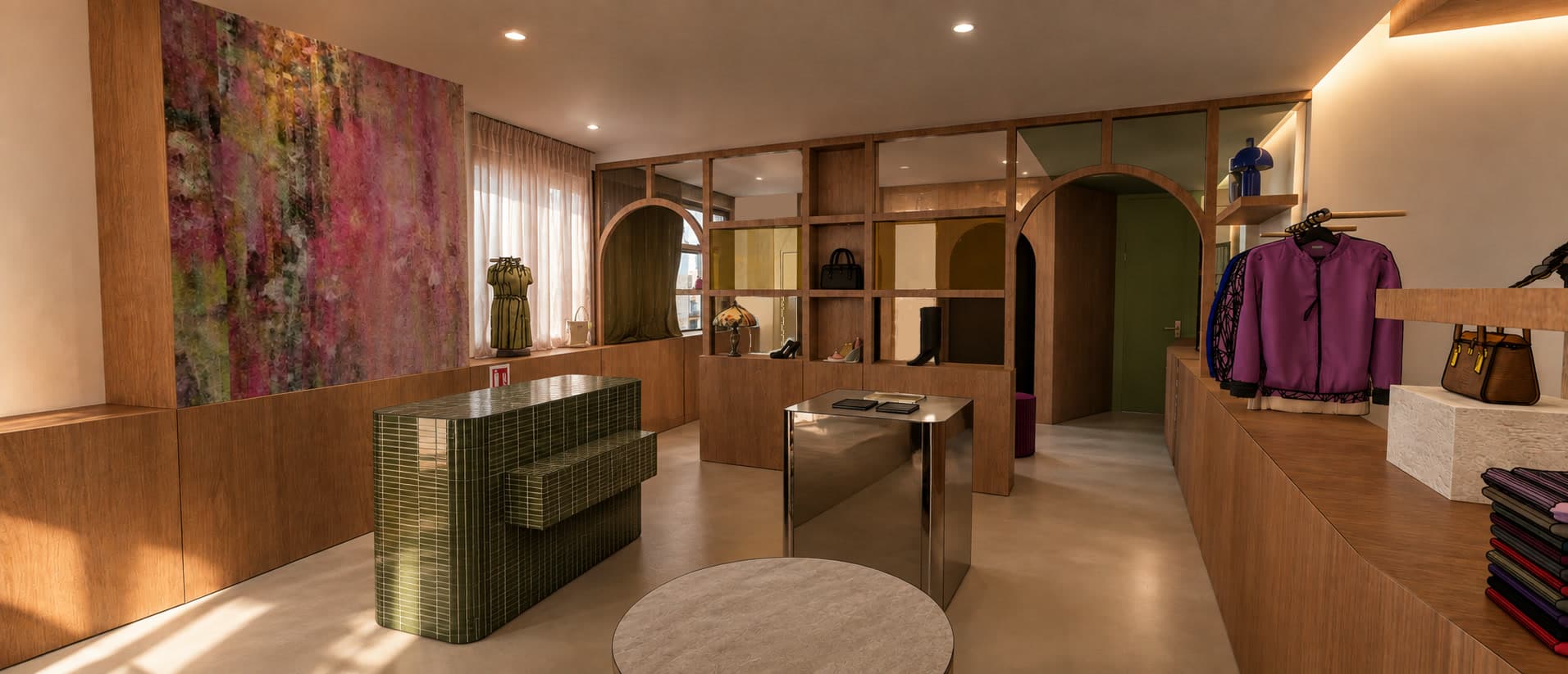 Boutique Joseph — vue rendue de l'espace de vente, comptoir vert et mur d'art